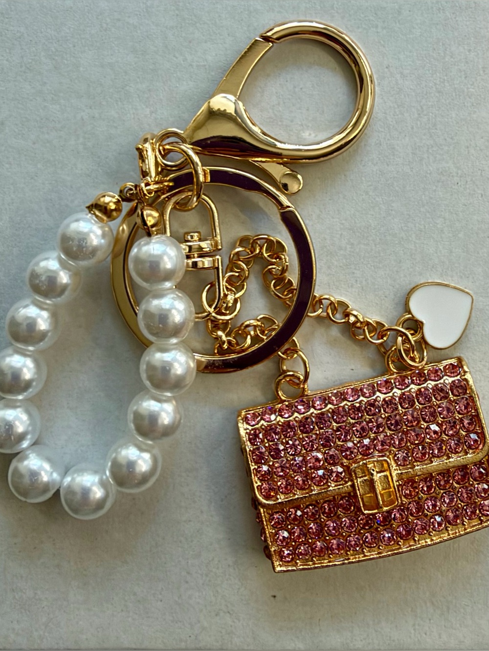 Gold Pearl & Pink Crystal Purse Keychain Charm